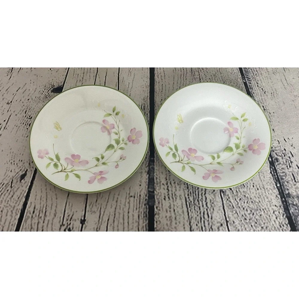 Noritake First Blush Tea Cup Saucer Set Of 4Pink & White Flower Green Trim #2605